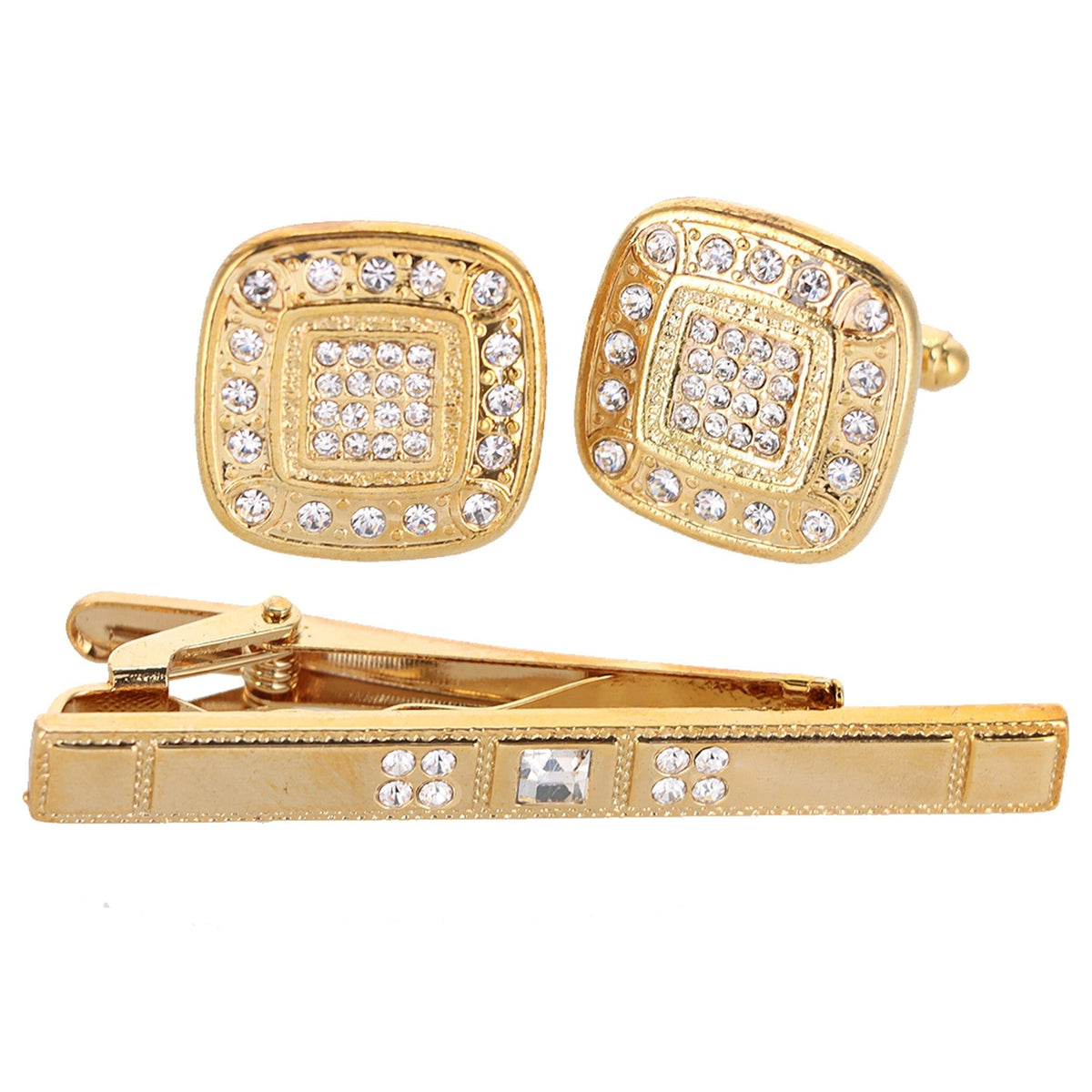 Vittorio Vico Gold Rhinestone Cufflinks &amp; Tie Bar Set - CR-093 - Classy Cufflinks
