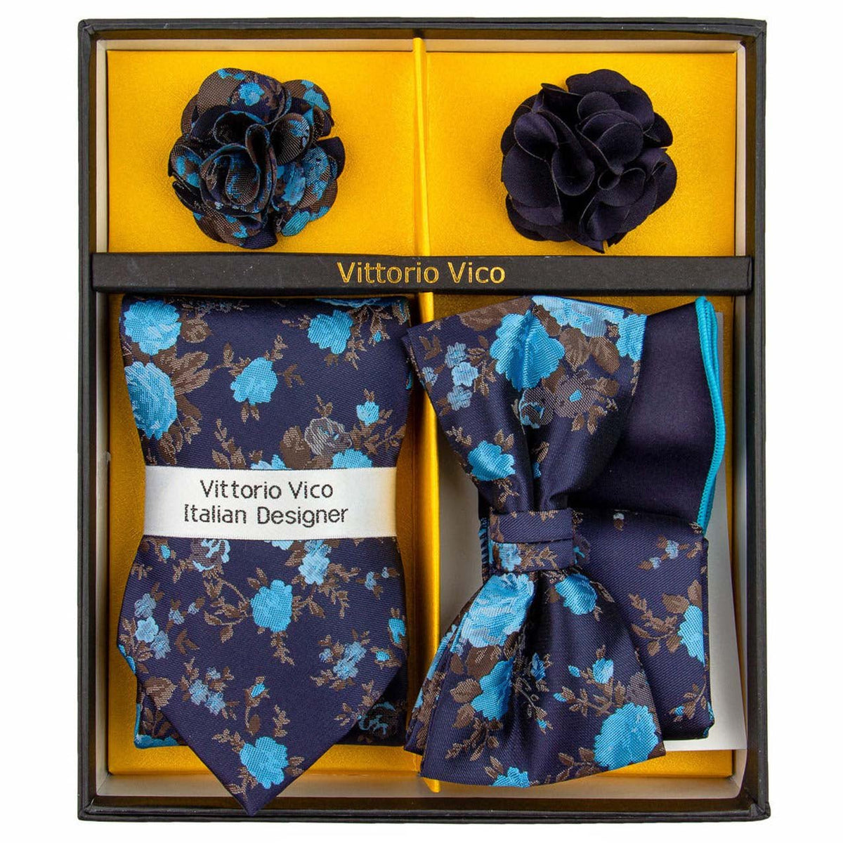 Vittorio Farina Men's Design Necktie, Bow Tie, Pocket Squares and Flower Lapel Pin in a Gift Box