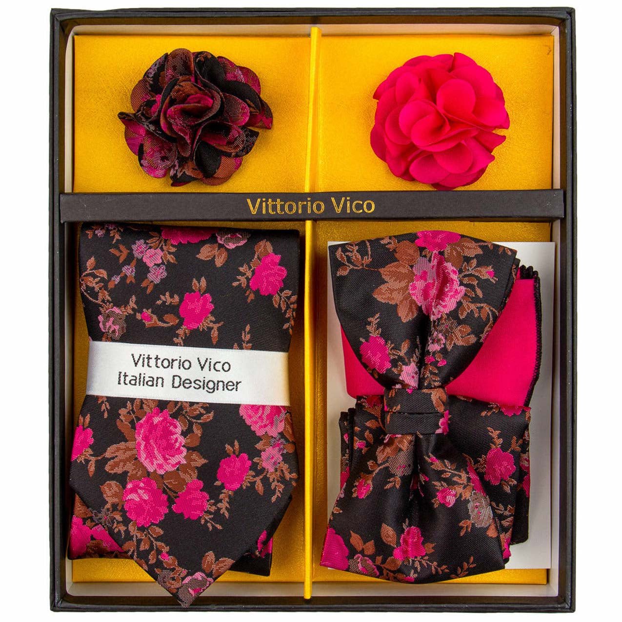 Vittorio Farina Men's Design Necktie, Bow Tie, Pocket Squares and Flower Lapel Pin in a Gift Box