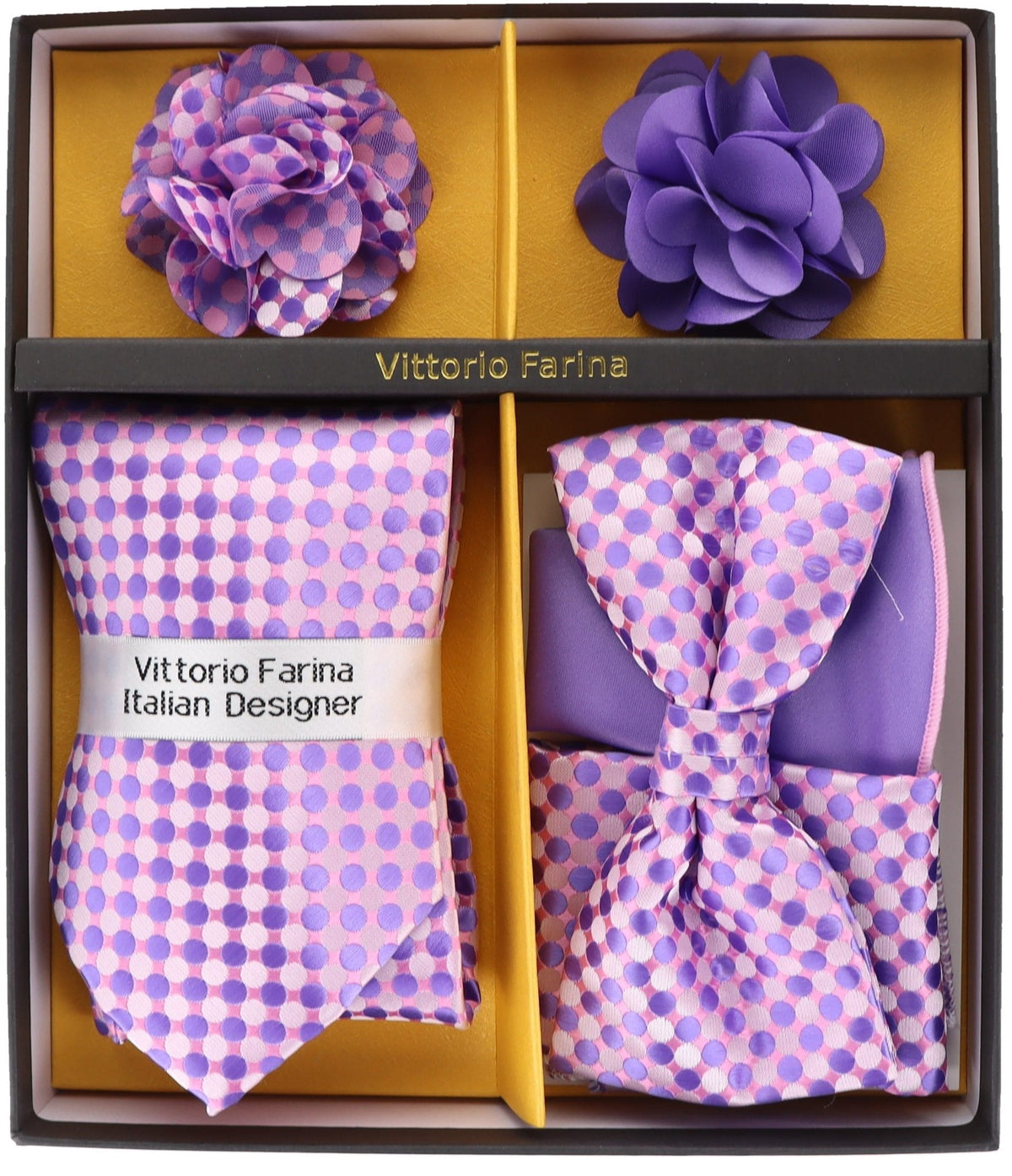 Vittorio Farina Men's Design Necktie, Bow Tie, Pocket Squares and Flower Lapel Pin in a Gift Box
