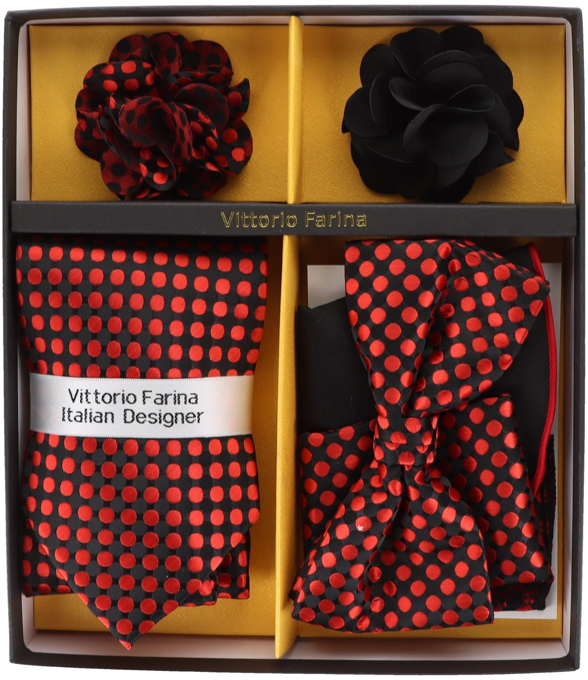 Vittorio Farina Men's Design Necktie, Bow Tie, Pocket Squares and Flower Lapel Pin in a Gift Box