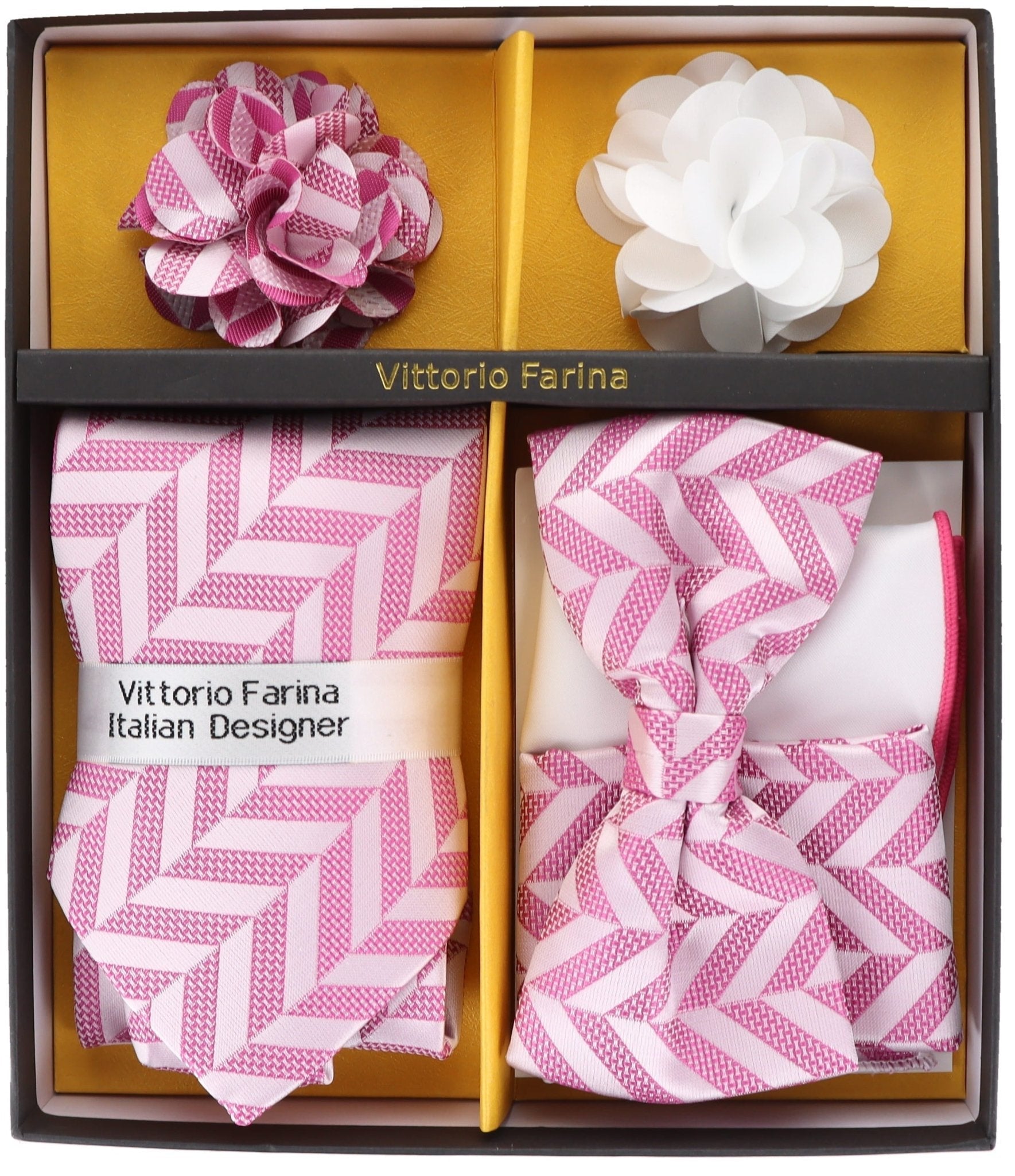 Vittorio Farina Men's Design Necktie, Bow Tie, Pocket Squares and Flower Lapel Pin in a Gift Box