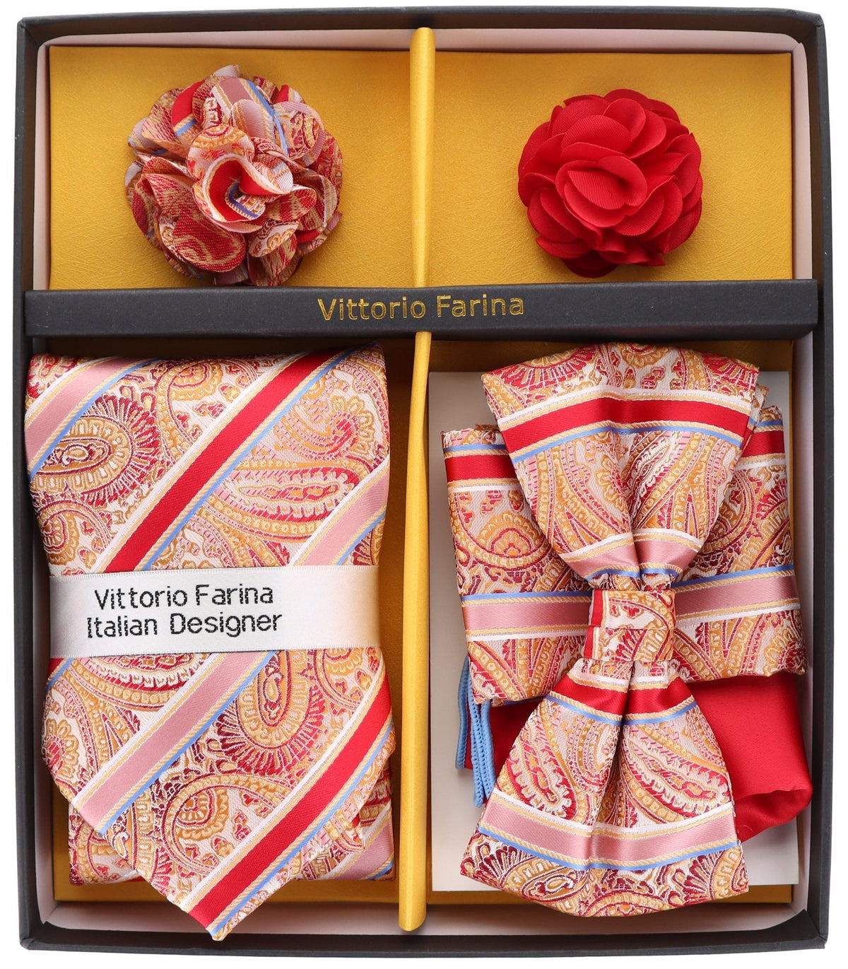 Vittorio Farina Men's Design Necktie, Bow Tie, Pocket Squares and Flower Lapel Pin in a Gift Box