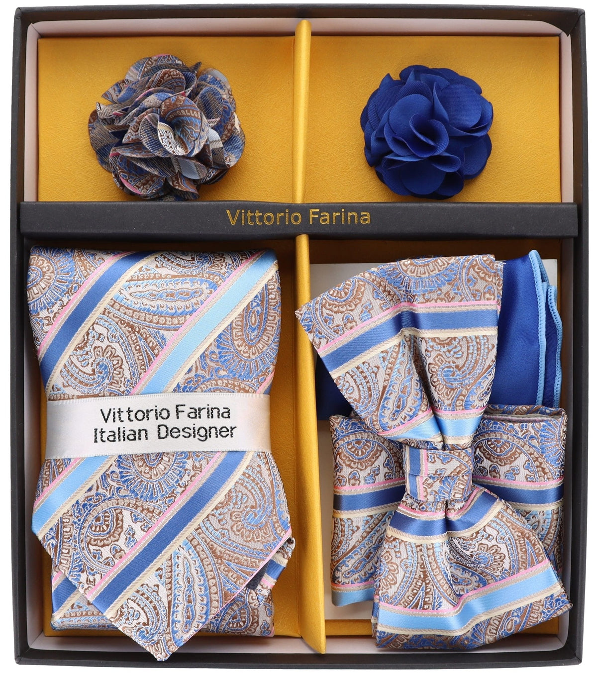 Vittorio Farina Men's Design Necktie, Bow Tie, Pocket Squares and Flower Lapel Pin in a Gift Box