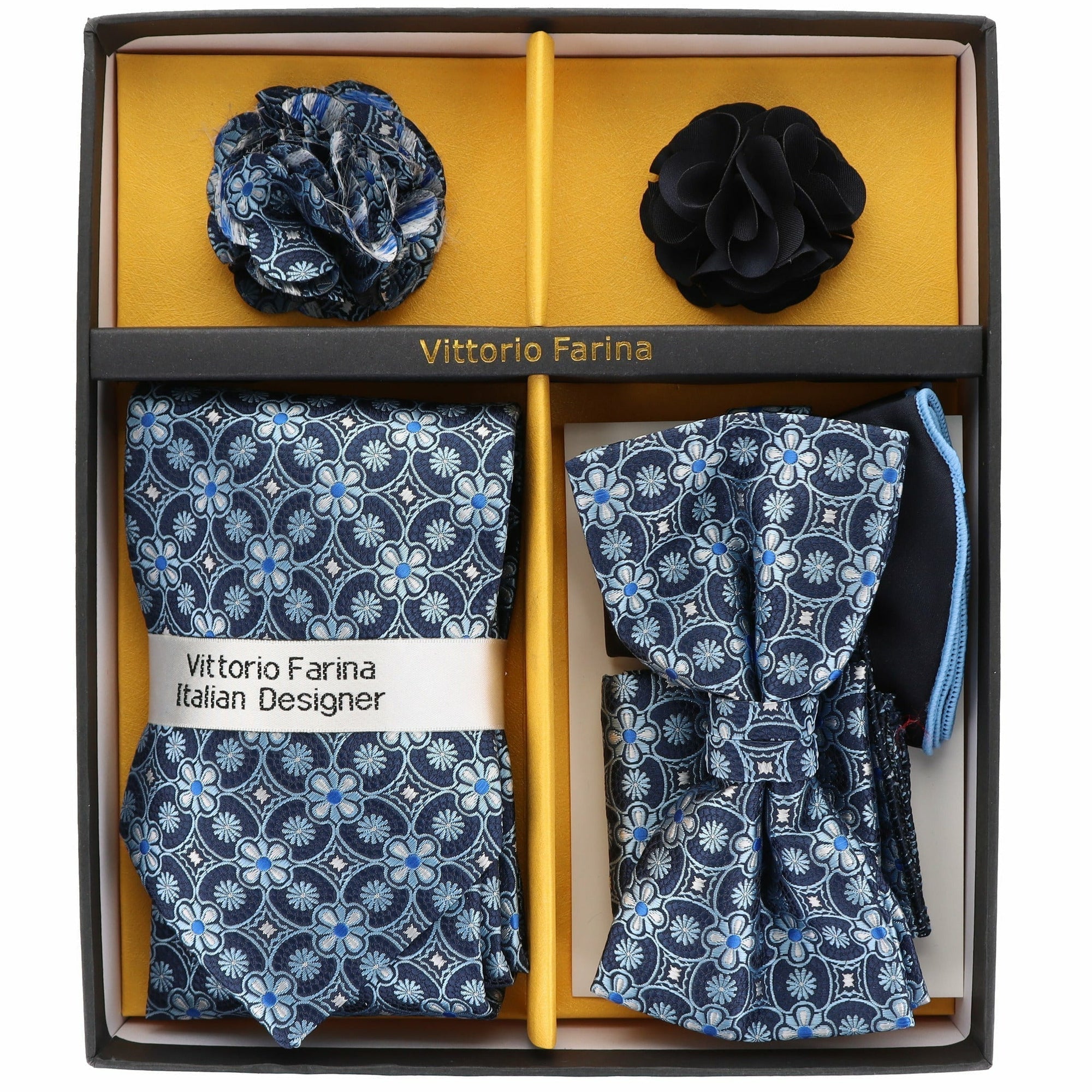 Vittorio Farina Men's Design Necktie, Bow Tie, Pocket Squares and Flower Lapel Pin in a Gift Box