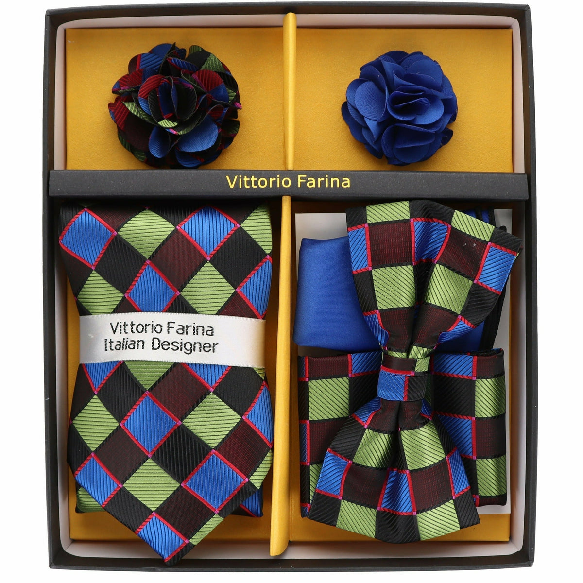 Vittorio Farina Men's Design Necktie, Bow Tie, Pocket Squares and Flower Lapel Pin in a Gift Box