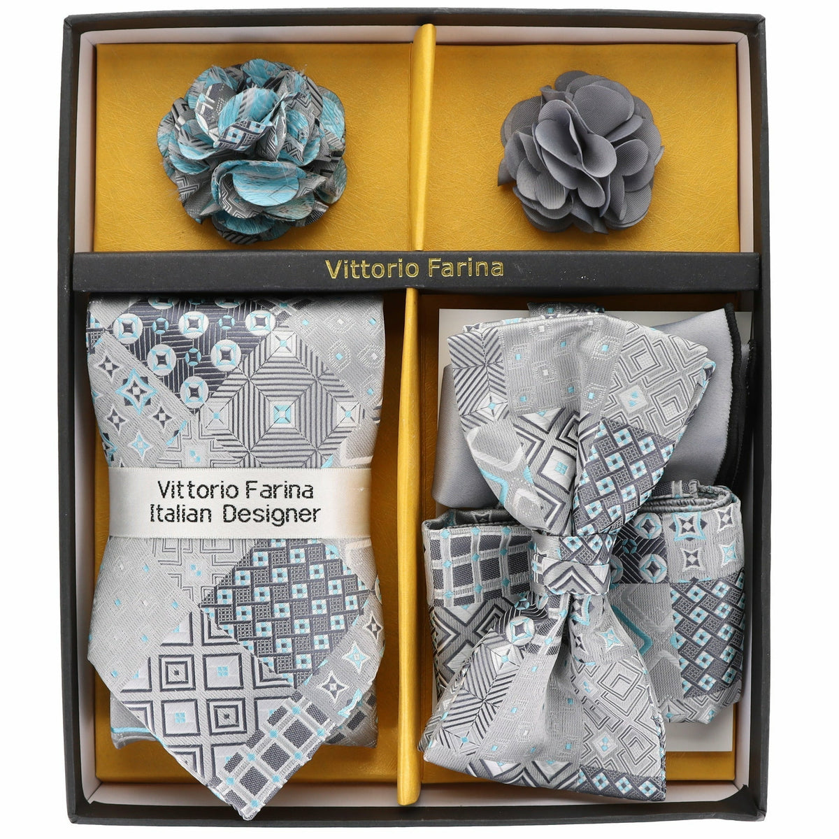 Vittorio Farina Men's Design Necktie, Bow Tie, Pocket Squares and Flower Lapel Pin in a Gift Box