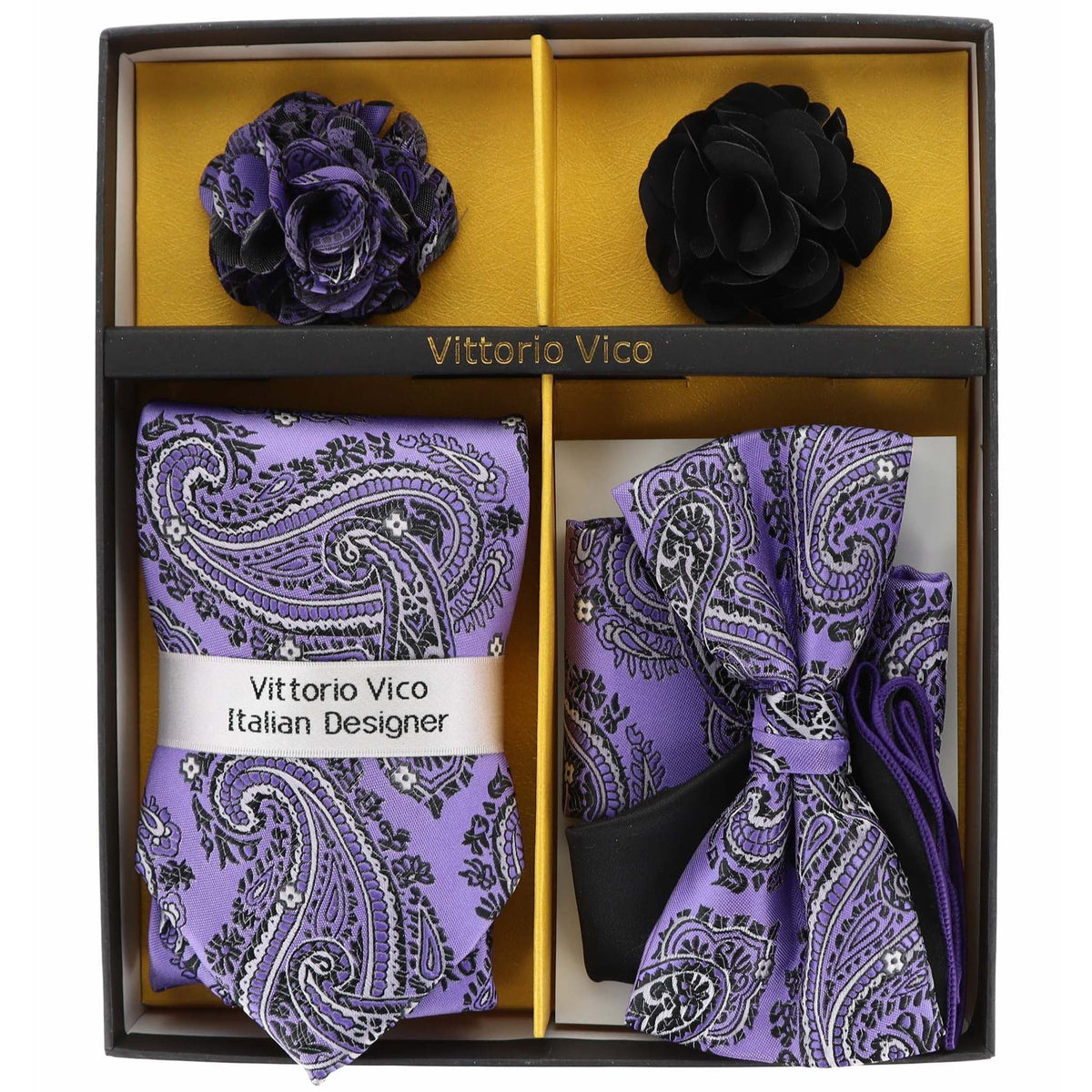 Vittorio Farina Men's Design Necktie, Bow Tie, Pocket Squares and Flower Lapel Pin in a Gift Box