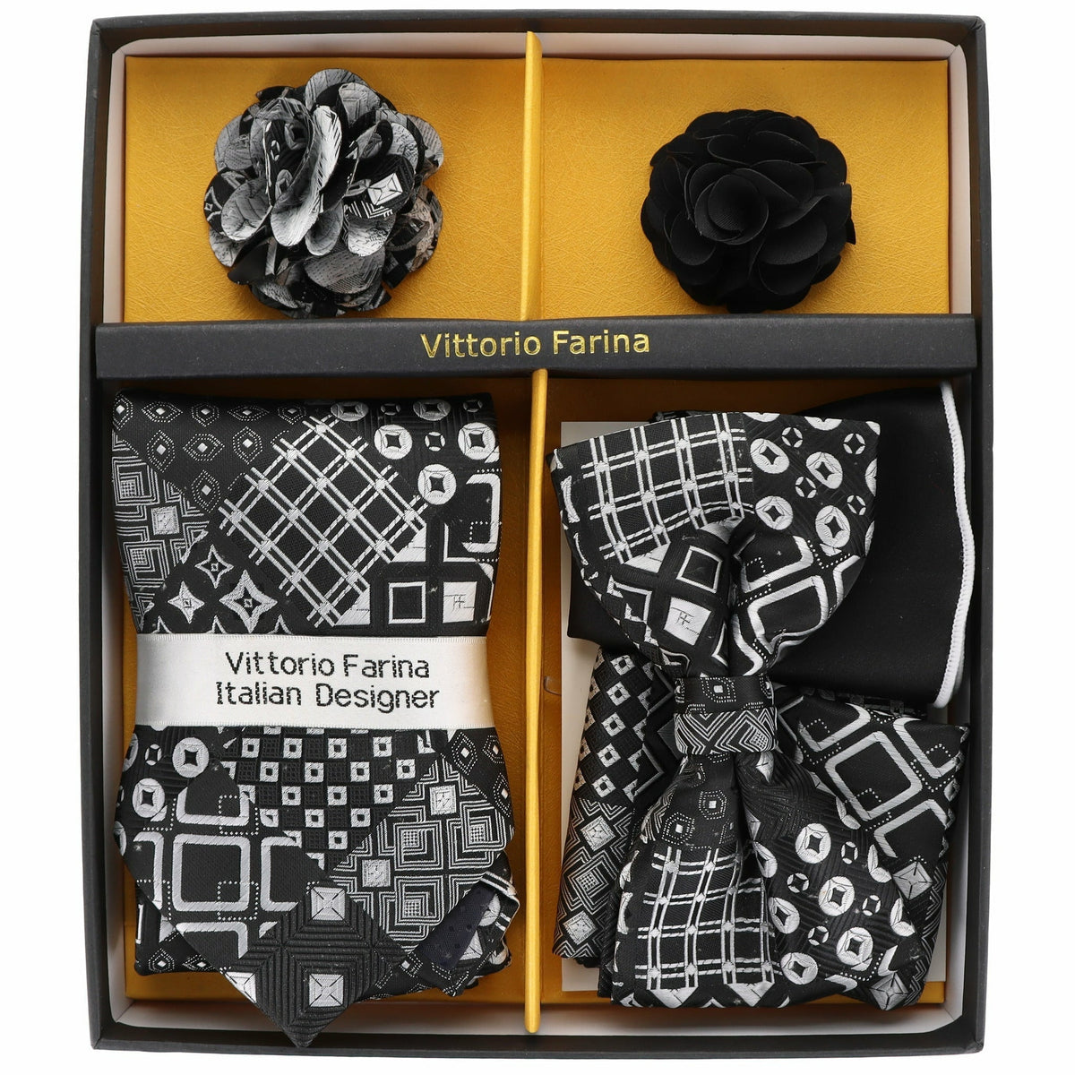 Vittorio Farina Men's Design Necktie, Bow Tie, Pocket Squares and Flower Lapel Pin in a Gift Box