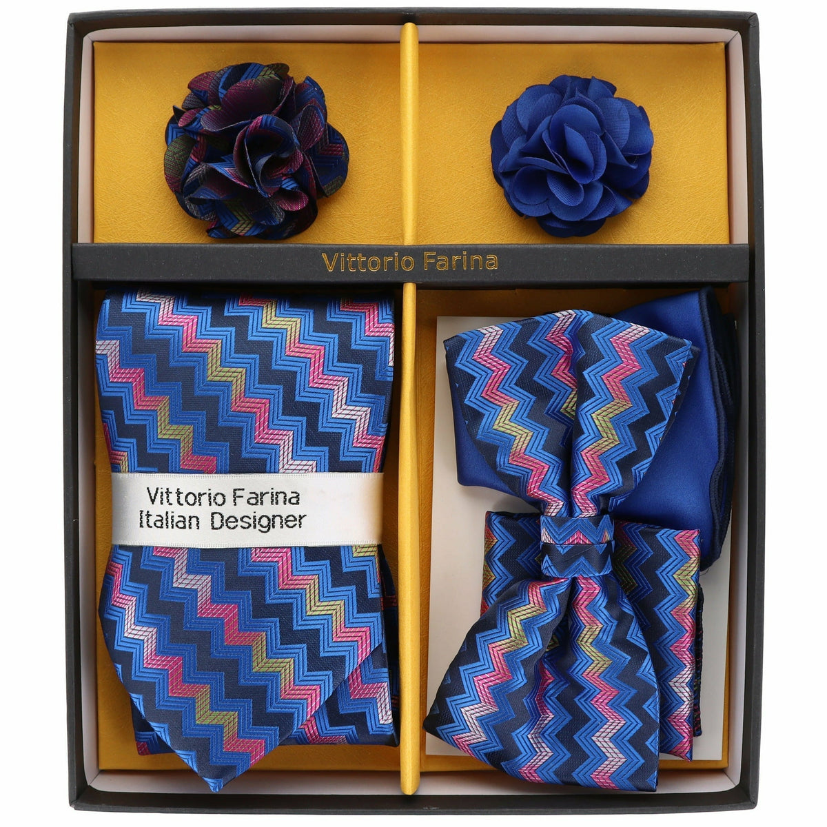 Vittorio Farina Men's Design Necktie, Bow Tie, Pocket Squares and Flower Lapel Pin in a Gift Box