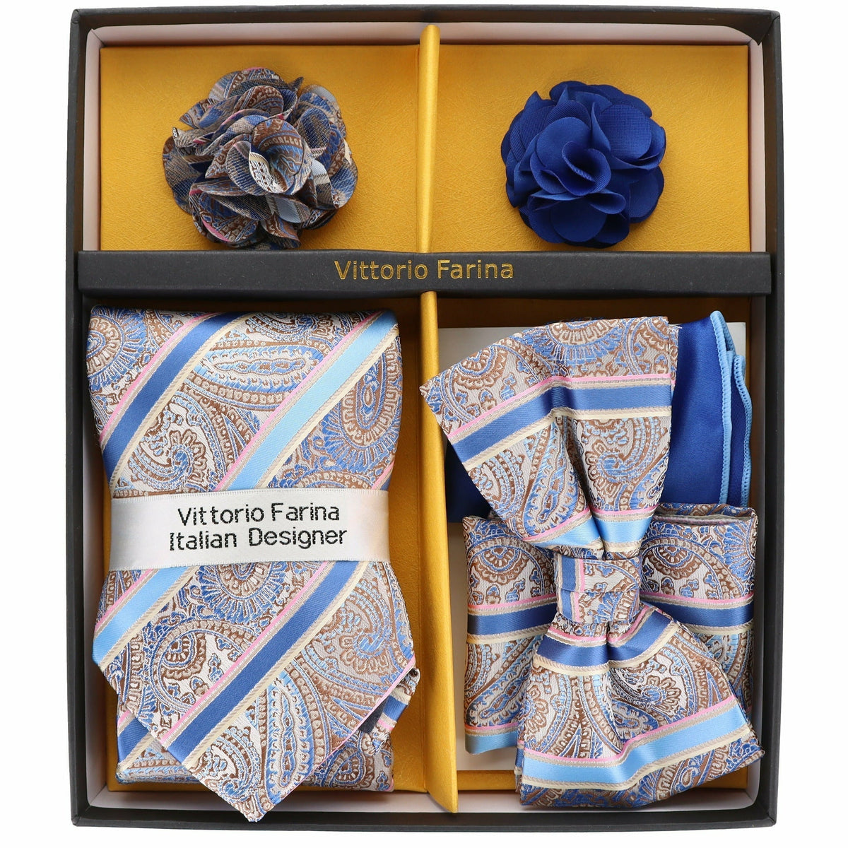 Vittorio Farina Men's Design Necktie, Bow Tie, Pocket Squares and Flower Lapel Pin in a Gift Box