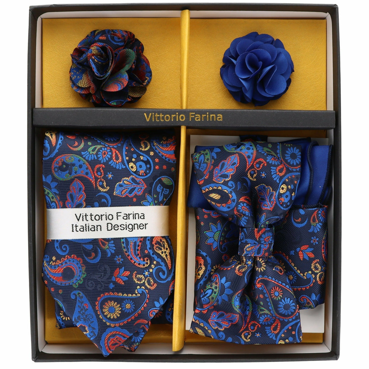 Vittorio Farina Men's Design Necktie, Bow Tie, Pocket Squares and Flower Lapel Pin in a Gift Box