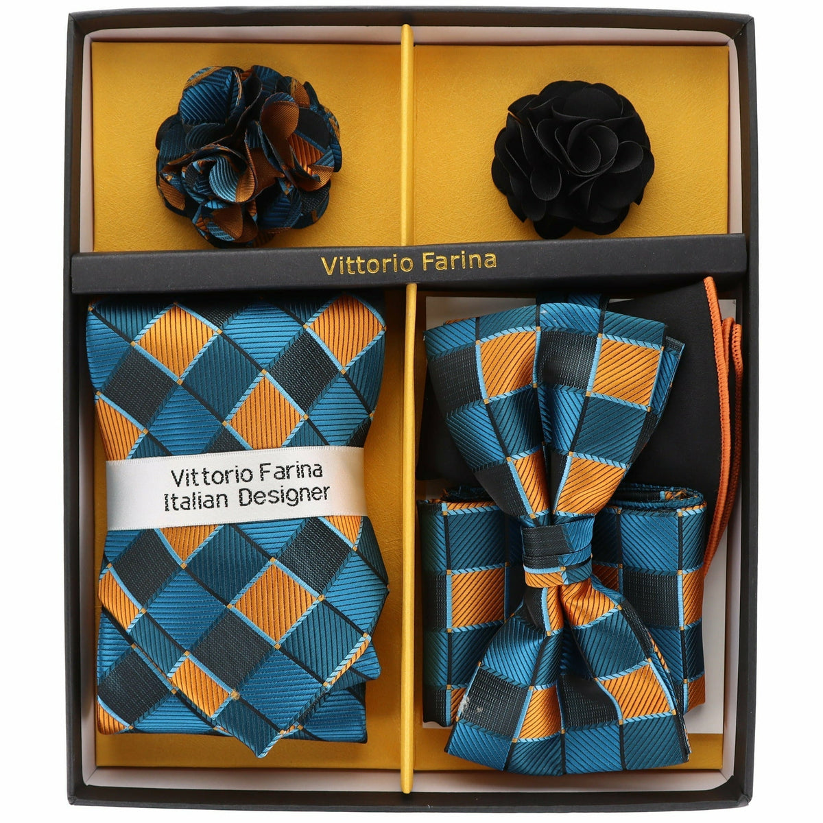Vittorio Farina Men's Design Necktie, Bow Tie, Pocket Squares and Flower Lapel Pin in a Gift Box