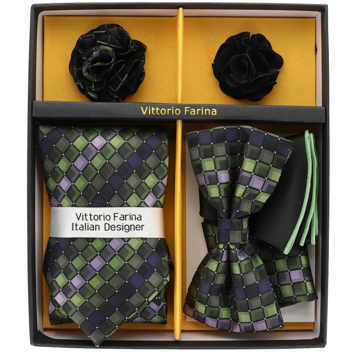Vittorio Farina Men's Design Necktie, Bow Tie, Pocket Squares and Flower Lapel Pin in a Gift Box