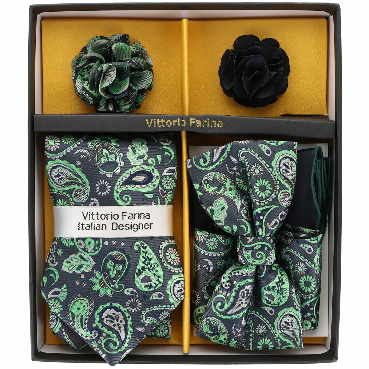 Vittorio Farina Men's Design Necktie, Bow Tie, Pocket Squares and Flower Lapel Pin in a Gift Box