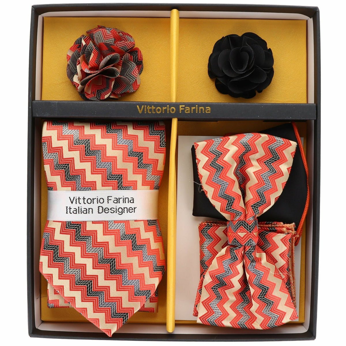 Vittorio Farina Men's Design Necktie, Bow Tie, Pocket Squares and Flower Lapel Pin in a Gift Box