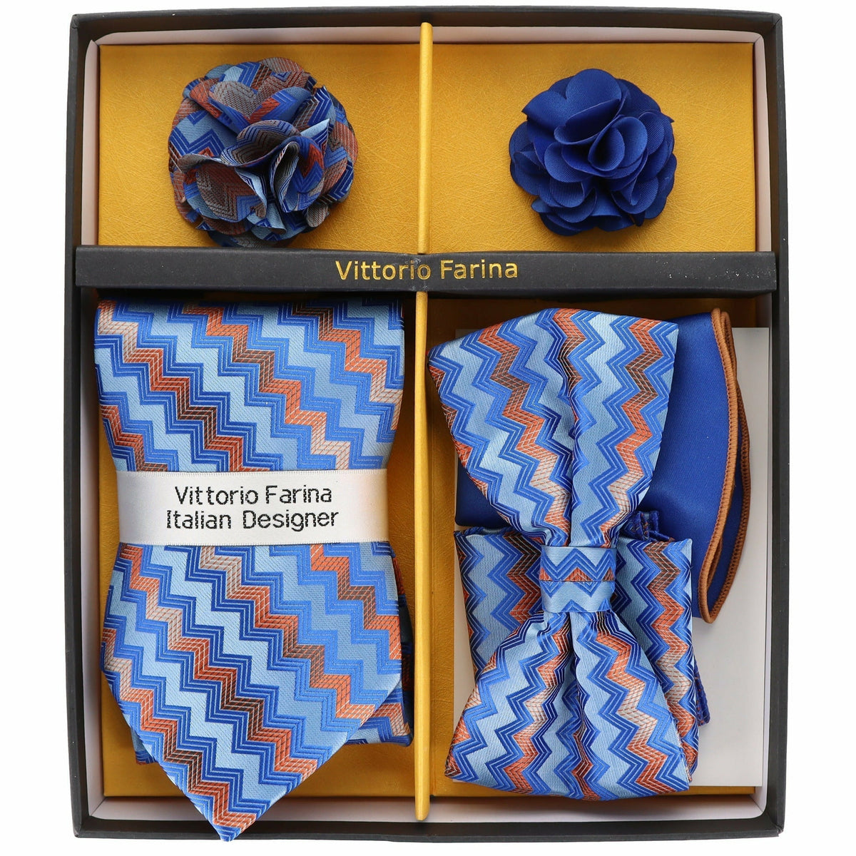 Vittorio Farina Men's Design Necktie, Bow Tie, Pocket Squares and Flower Lapel Pin in a Gift Box