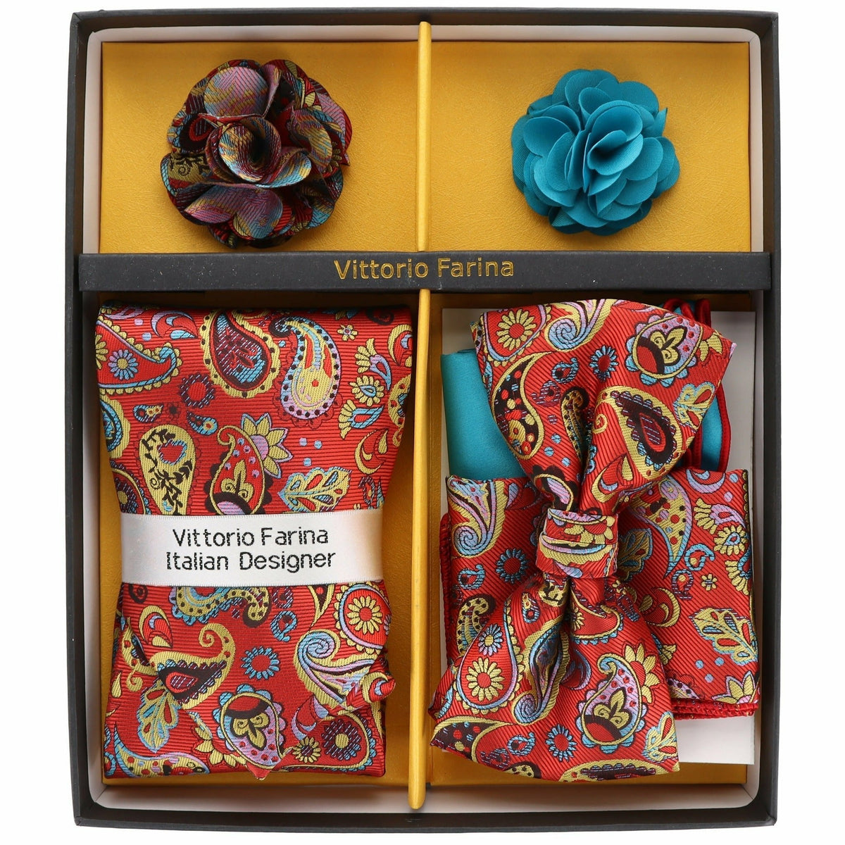Vittorio Farina Men's Design Necktie, Bow Tie, Pocket Squares and Flower Lapel Pin in a Gift Box