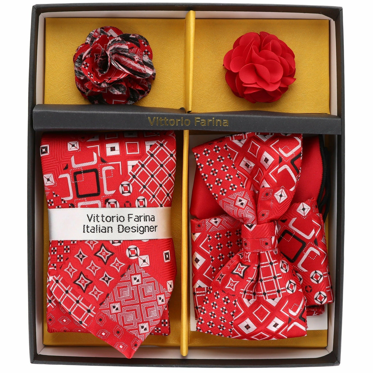 Vittorio Farina Men's Design Necktie, Bow Tie, Pocket Squares and Flower Lapel Pin in a Gift Box