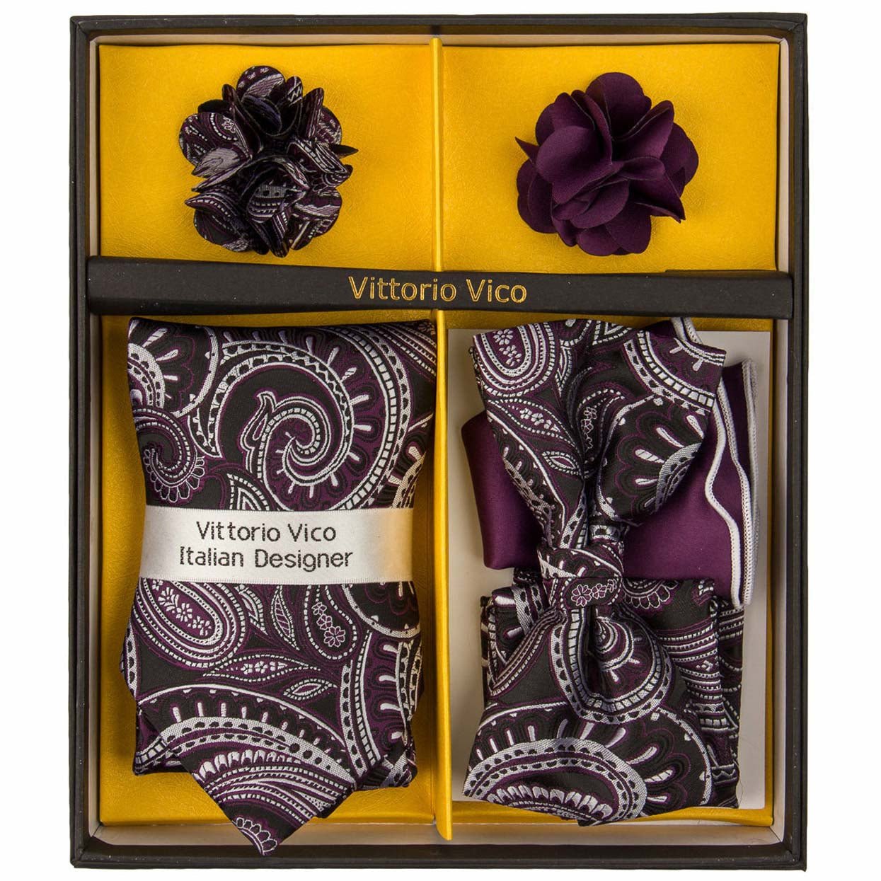 Vittorio Farina Men's Design Necktie, Bow Tie, Pocket Squares and Flower Lapel Pin in a Gift Box