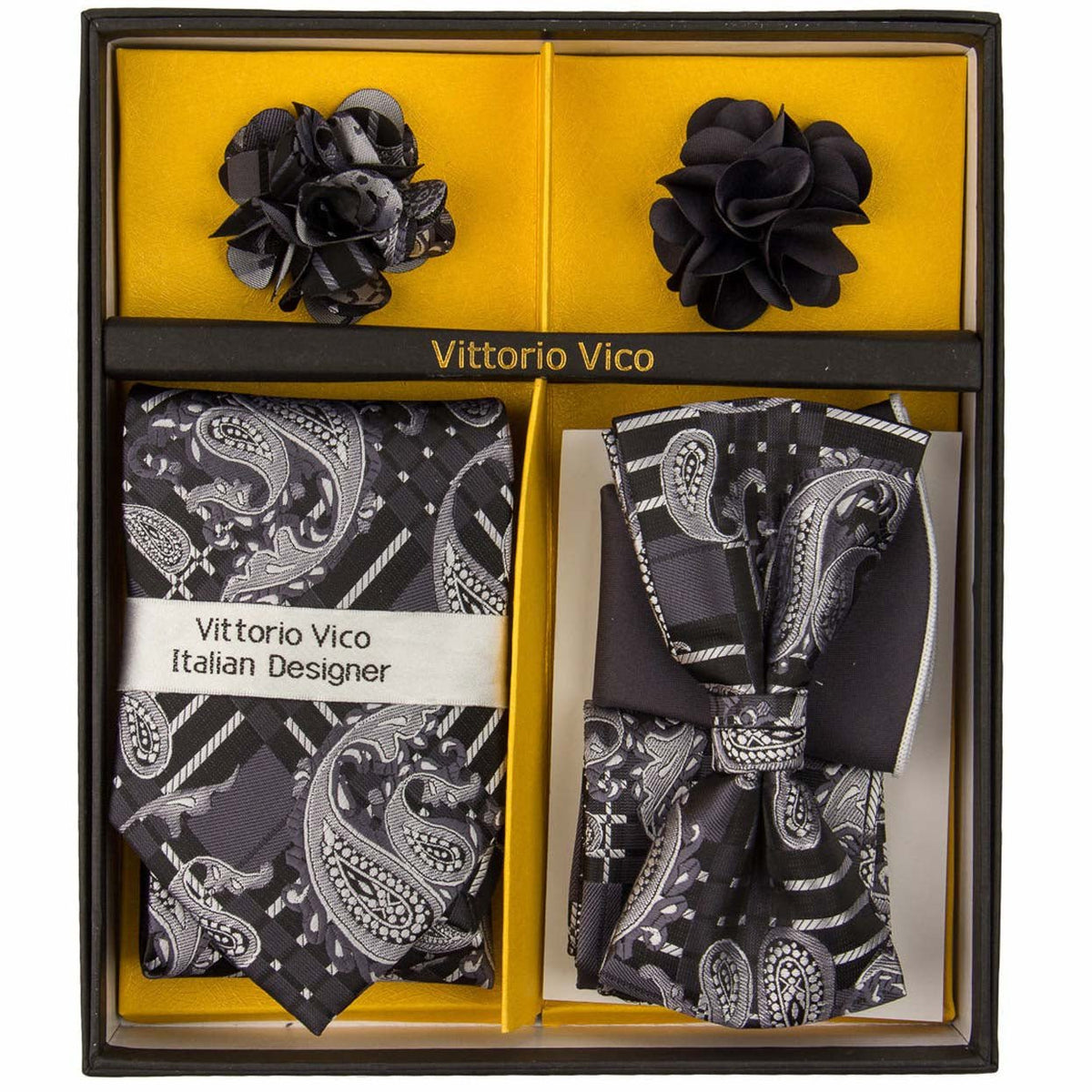 Vittorio Farina Men's Design Necktie, Bow Tie, Pocket Squares and Flower Lapel Pin in a Gift Box