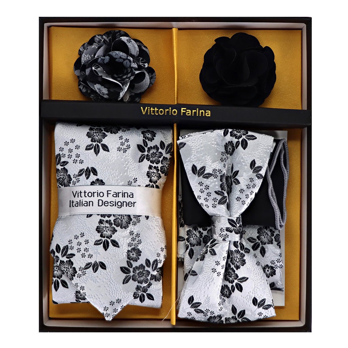 Vittorio Farina Men's Design Necktie, Bow Tie, Pocket Squares and Flower Lapel Pin in a Gift Box - GB - NHBL - D_21052 - Classy Cufflinks
