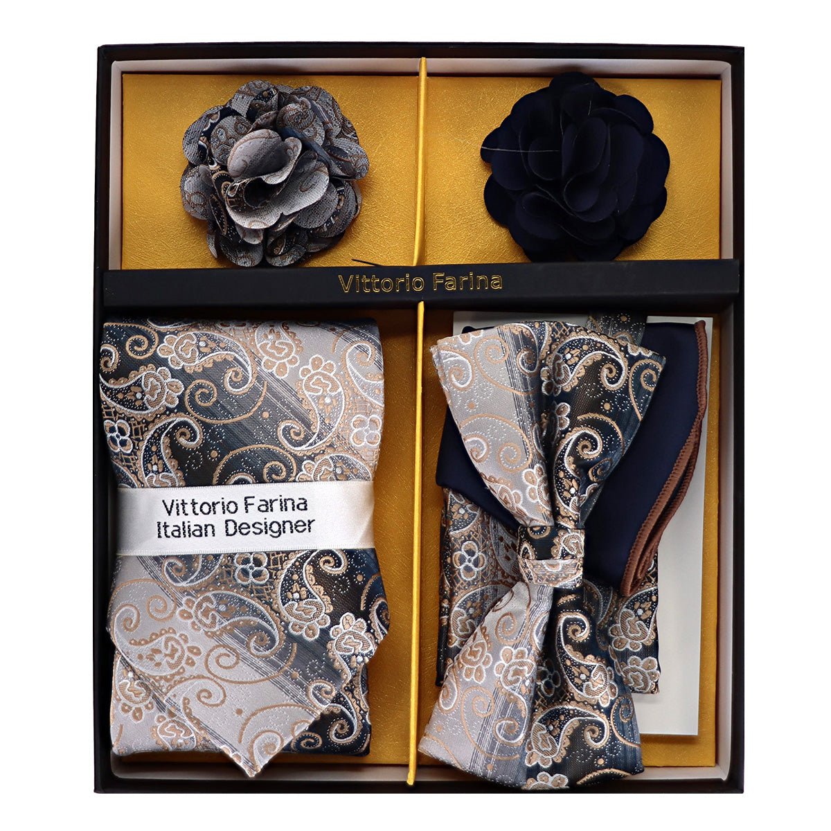 Vittorio Farina Men's Design Necktie, Bow Tie, Pocket Squares and Flower Lapel Pin in a Gift Box - GB - NHBL - D_21054 - Classy Cufflinks