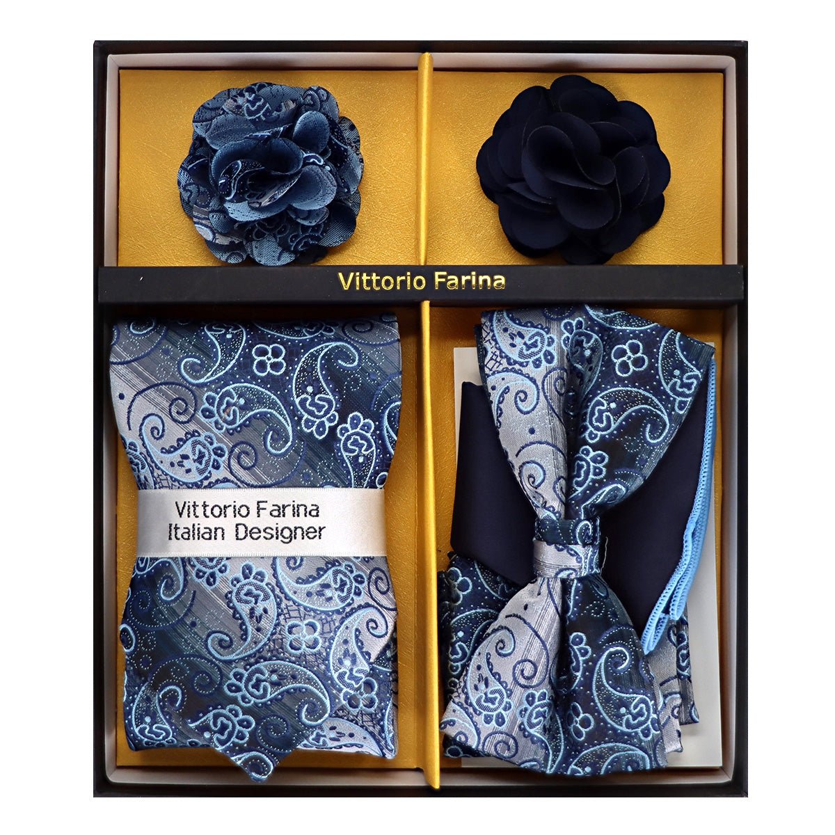 Vittorio Farina Men's Design Necktie, Bow Tie, Pocket Squares and Flower Lapel Pin in a Gift Box - GB - NHBL - D_21055 - Classy Cufflinks