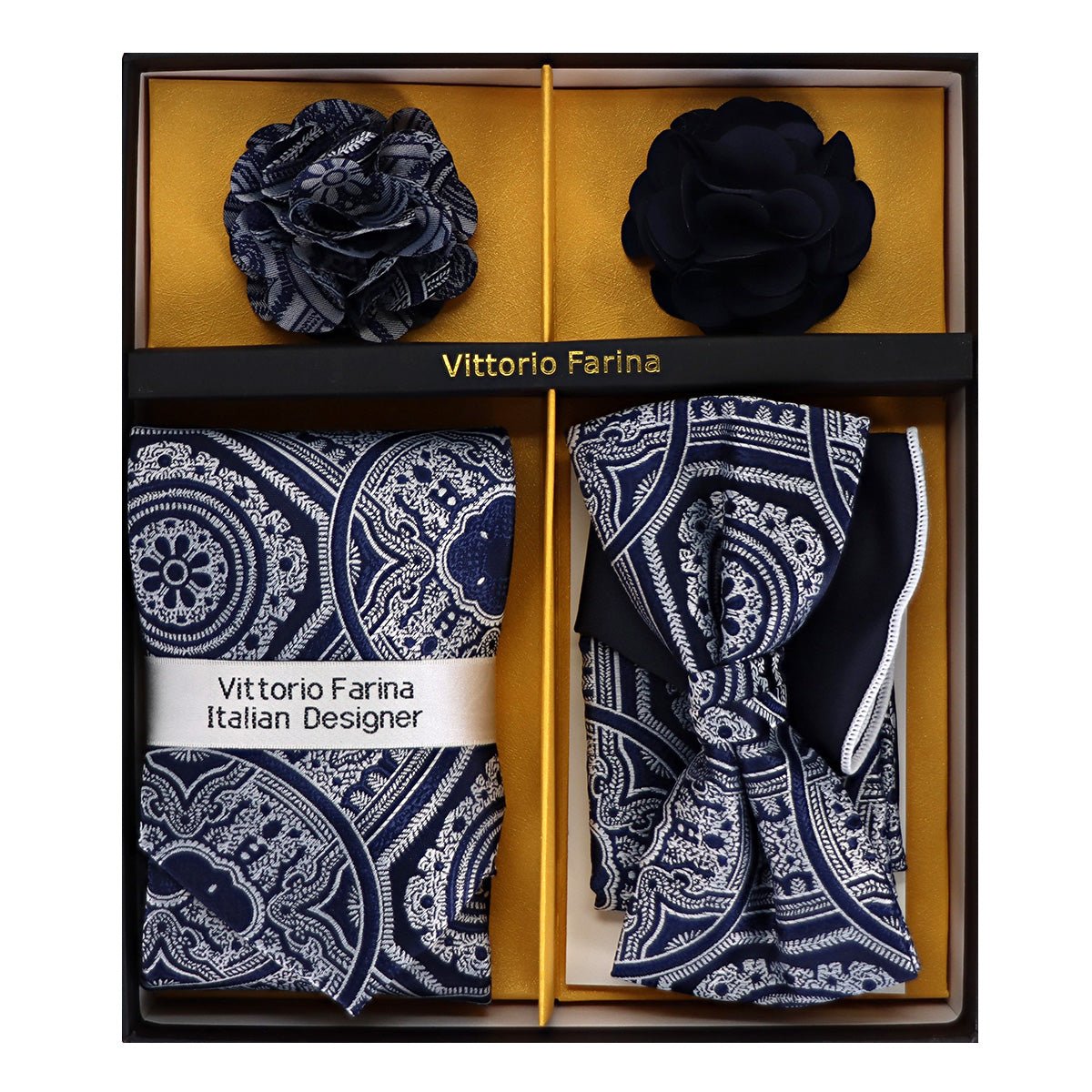 Vittorio Farina Men's Design Necktie, Bow Tie, Pocket Squares and Flower Lapel Pin in a Gift Box - GB - NHBL - D_21057 - Classy Cufflinks