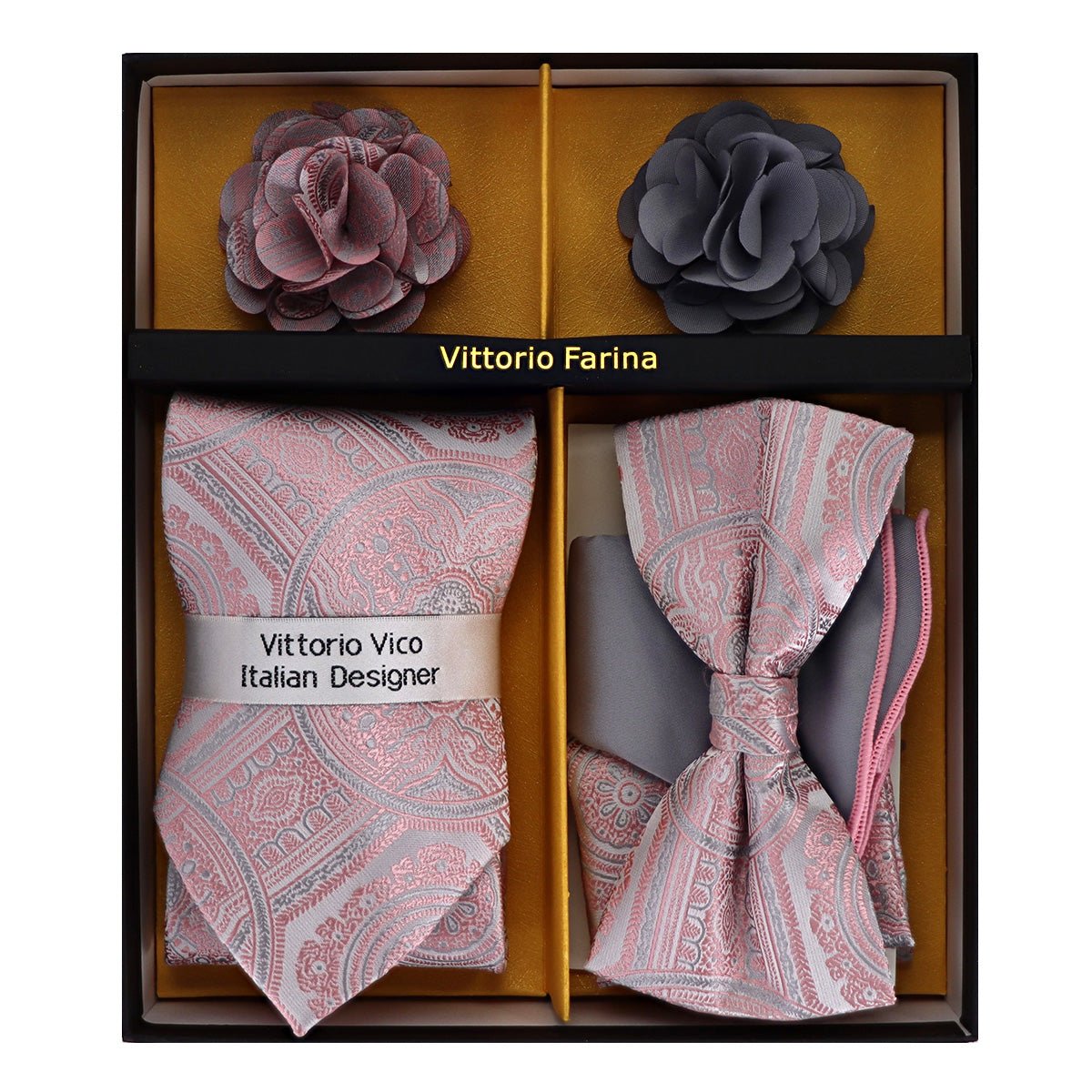 Vittorio Farina Men's Design Necktie, Bow Tie, Pocket Squares and Flower Lapel Pin in a Gift Box - GB - NHBL - D_21059 - Classy Cufflinks