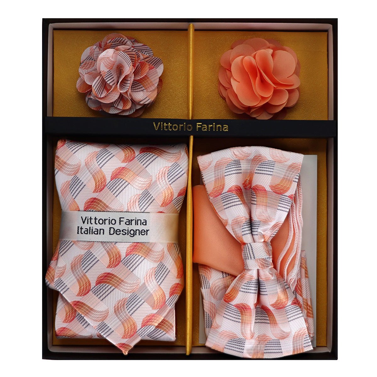 Vittorio Farina Men's Design Necktie, Bow Tie, Pocket Squares and Flower Lapel Pin in a Gift Box - GB - NHBL - D_21061 - Classy Cufflinks