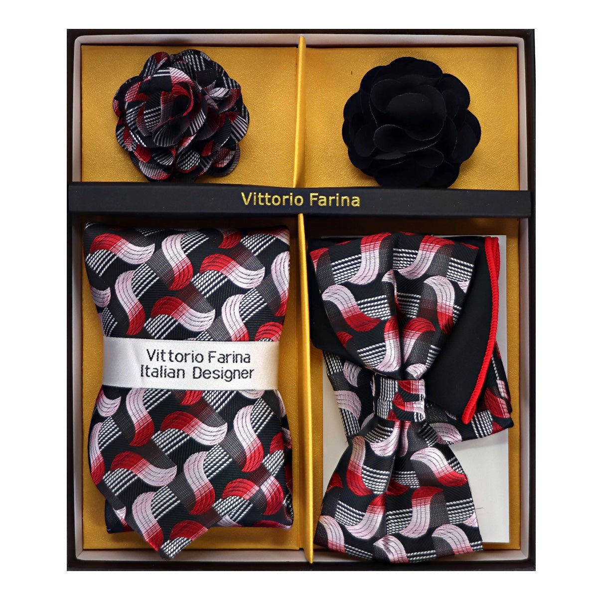 Vittorio Farina Men's Design Necktie, Bow Tie, Pocket Squares and Flower Lapel Pin in a Gift Box - GB - NHBL - D_21062 - Classy Cufflinks