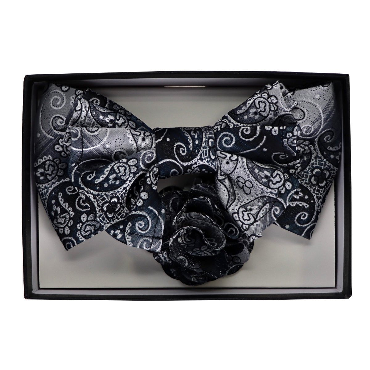Vittorio Farina Men's Design XL Bow Tie, Pocket Square and Flower Lapel Pin in Gift Box - GB - XLBHL_2132 - Classy Cufflinks