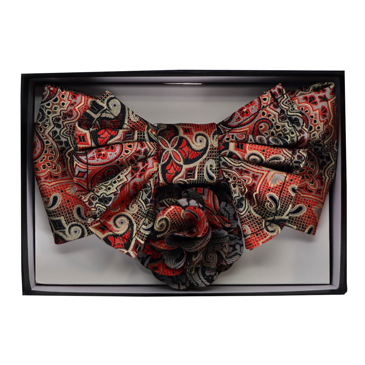Vittorio Farina Men's Design XL Bow Tie, Pocket Square and Flower Lapel Pin in Gift Box - GB - XLBHL_2137 - Classy Cufflinks