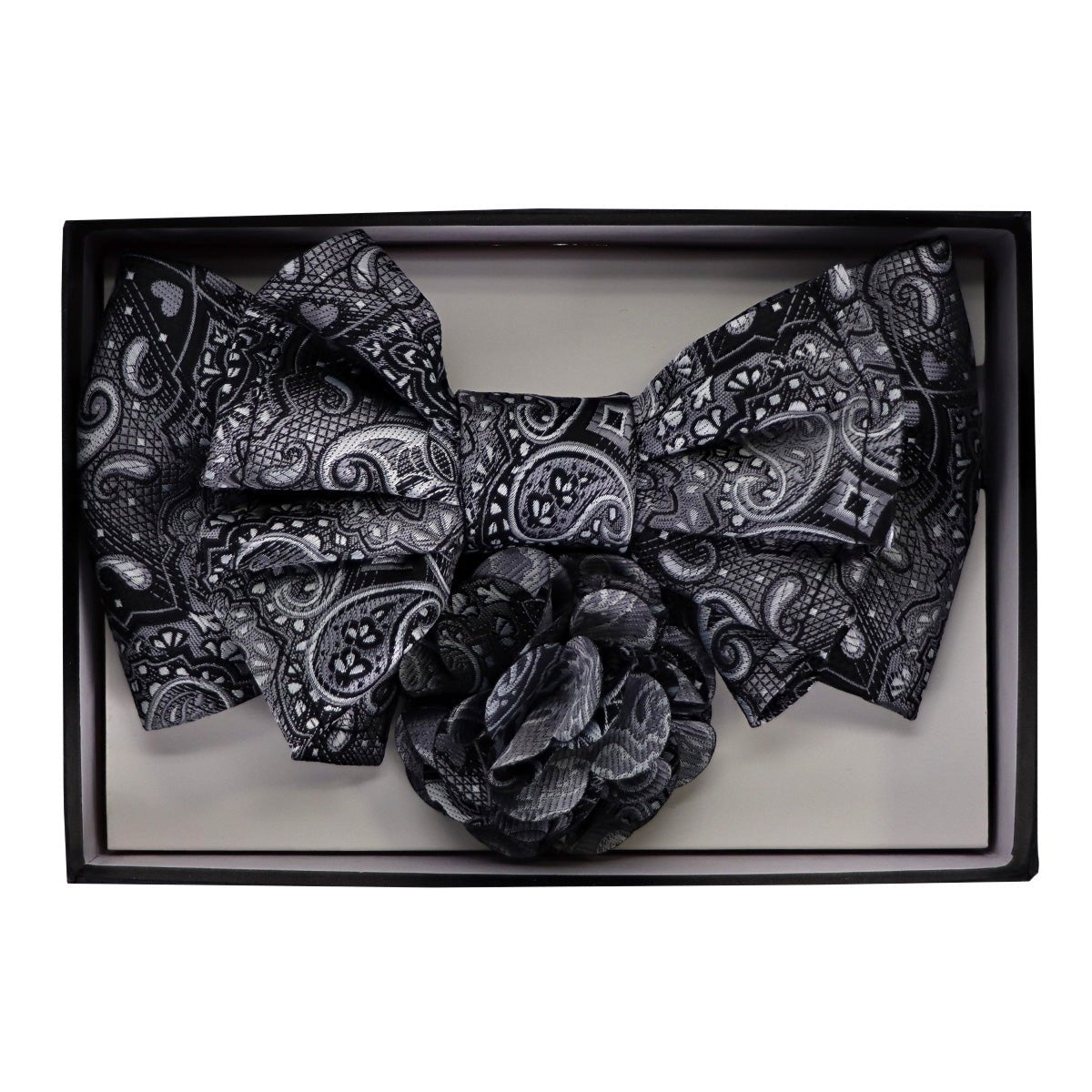 Vittorio Farina Men's Design XL Bow Tie, Pocket Square and Flower Lapel Pin in Gift Box - GB - XLBHL_2139 - Classy Cufflinks
