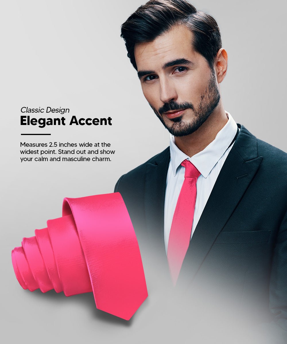 Vittorio Farina Men's Satin Skinny Necktie - N - SKINNY_HOT - PINK - Classy Cufflinks