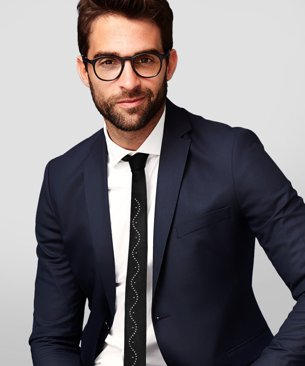 Vittorio Farina Men's Satin Skinny Necktie with Rhinestones - N - SKINNY - R_BLACK - Classy Cufflinks