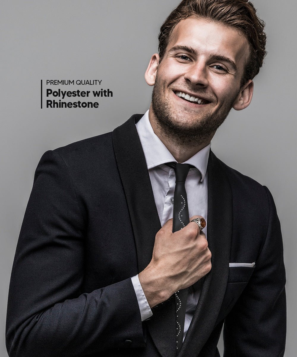 Vittorio Farina Men's Satin Skinny Necktie with Rhinestones - N - SKINNY - R_BLACK - Classy Cufflinks