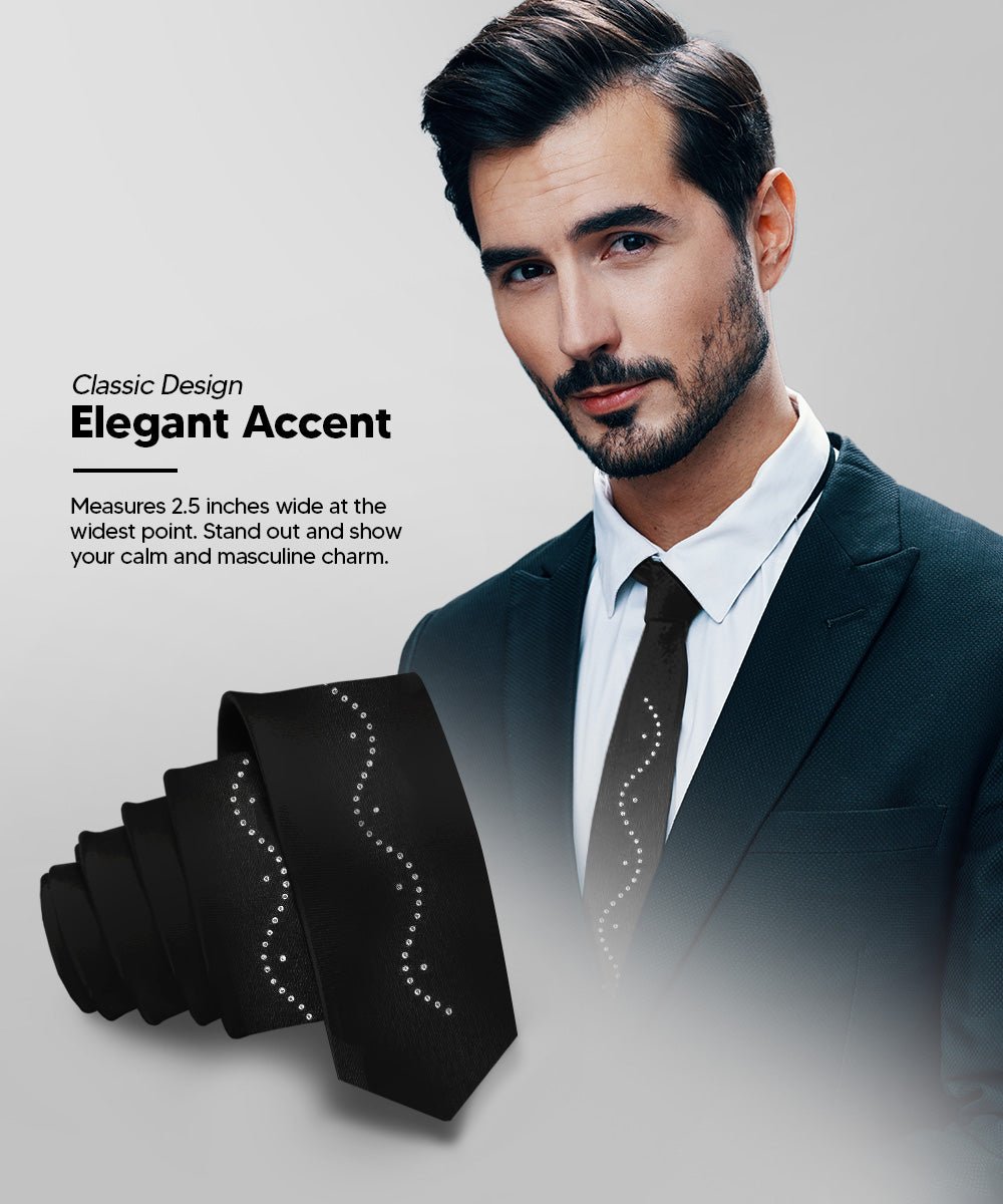 Vittorio Farina Men's Satin Skinny Necktie with Rhinestones - N - SKINNY - R_BLACK - Classy Cufflinks