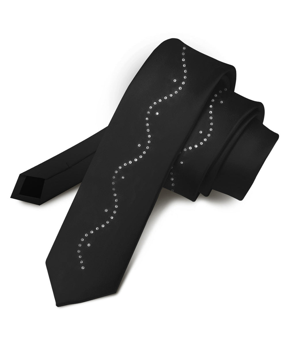 Vittorio Farina Men&#39;s Satin Skinny Necktie with Rhinestones - N - SKINNY - R_BLACK - Classy Cufflinks