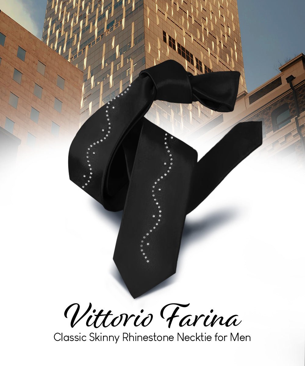 Vittorio Farina Men's Satin Skinny Necktie with Rhinestones - N - SKINNY - R_BLACK - Classy Cufflinks