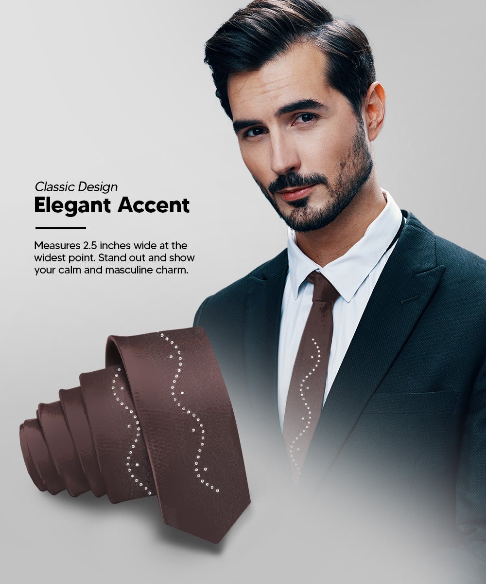 Vittorio Farina Men's Satin Skinny Necktie with Rhinestones - N - SKINNY - R_BROWN - Classy Cufflinks