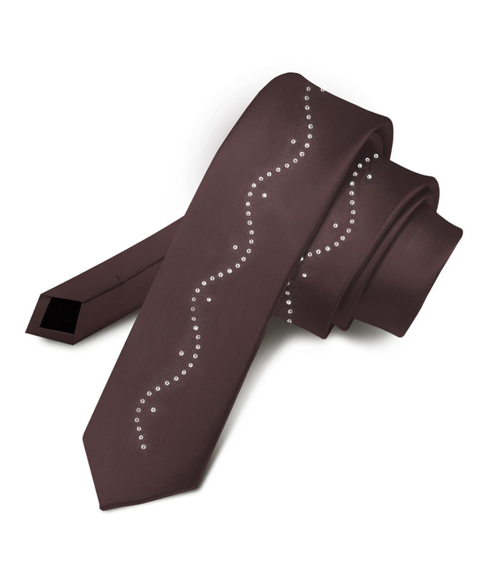 Vittorio Farina Men's Satin Skinny Necktie with Rhinestones - N - SKINNY - R_BROWN - Classy Cufflinks