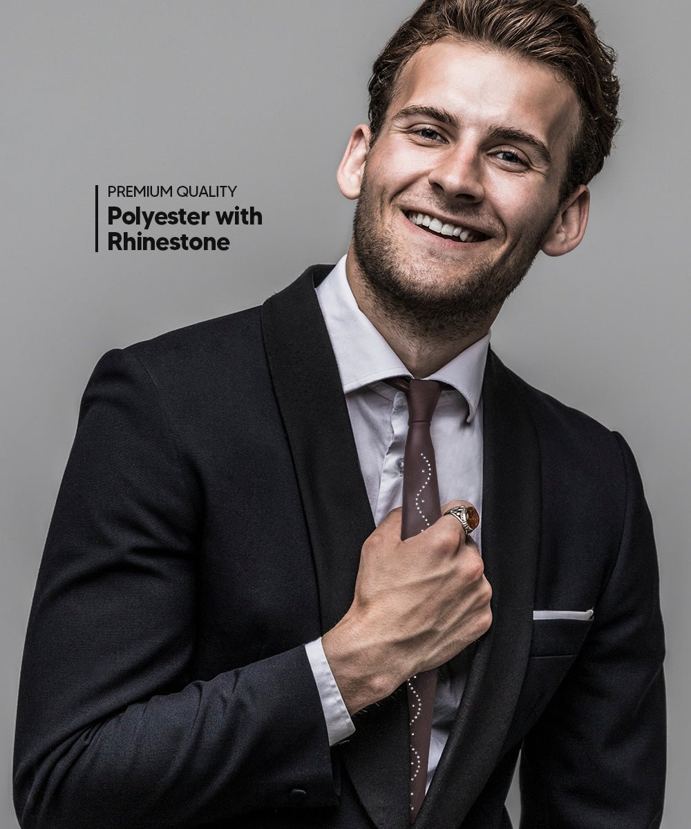 Vittorio Farina Men's Satin Skinny Necktie with Rhinestones - N - SKINNY - R_BROWN - Classy Cufflinks