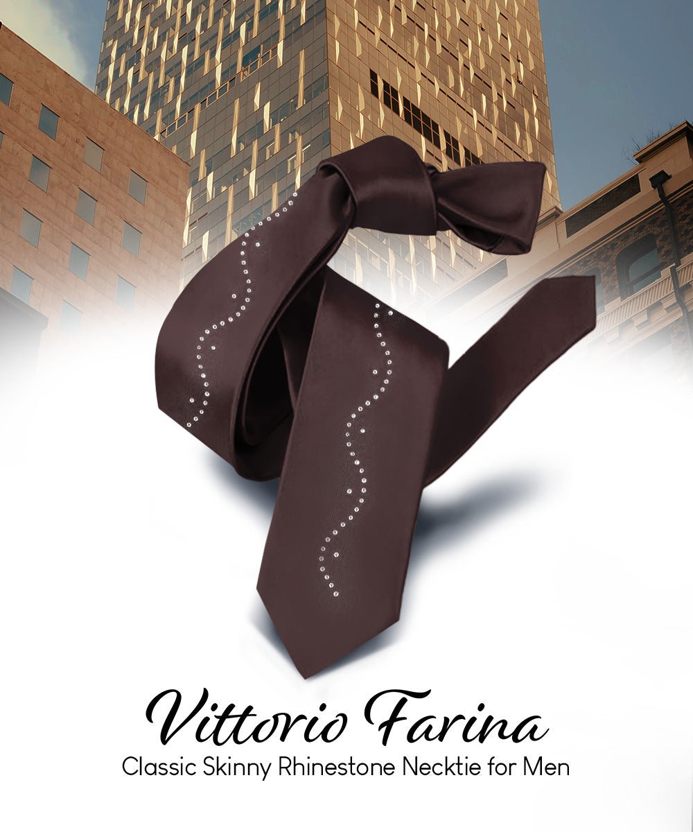 Vittorio Farina Men's Satin Skinny Necktie with Rhinestones - N - SKINNY - R_BROWN - Classy Cufflinks
