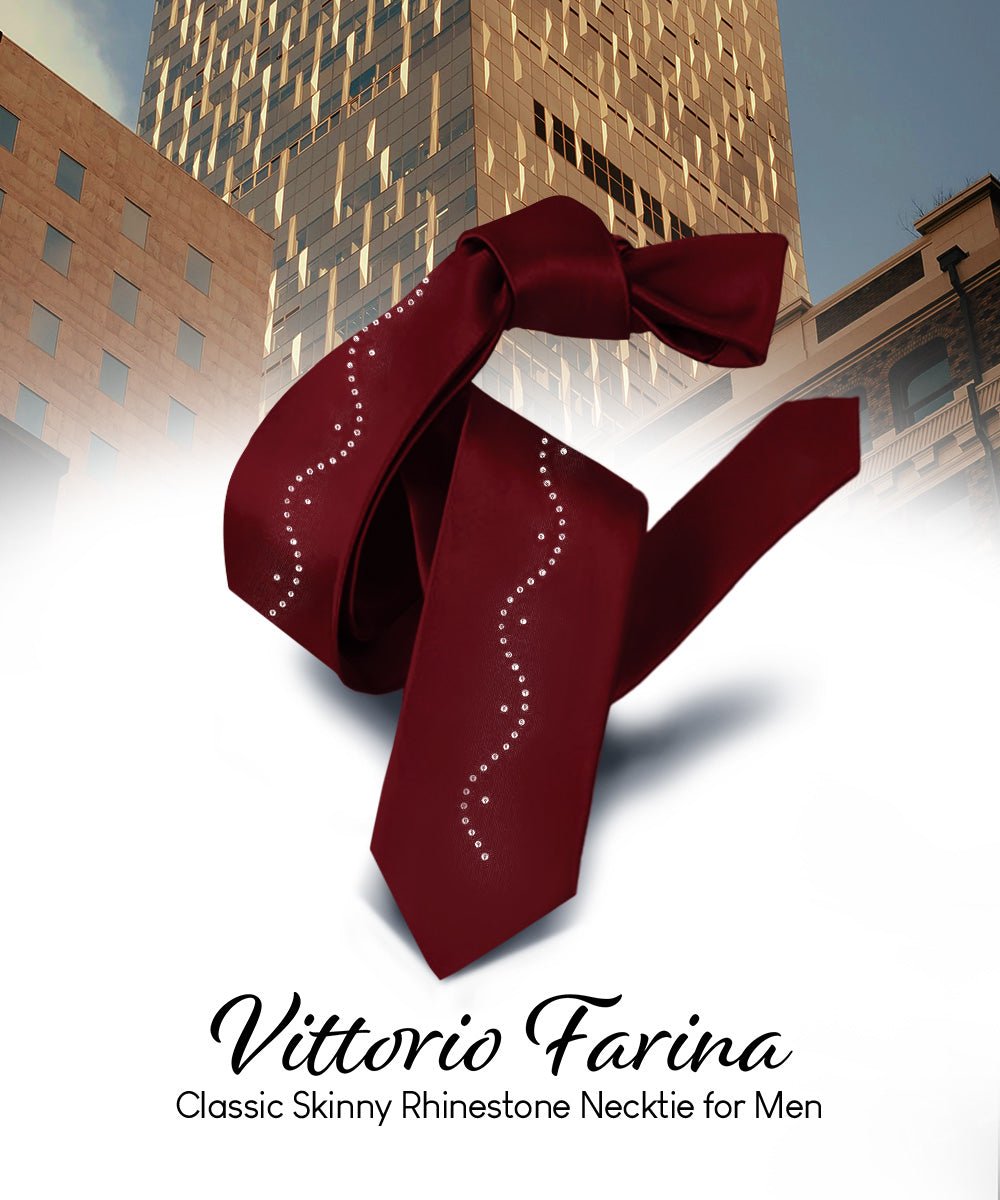 Vittorio Farina Men's Satin Skinny Necktie with Rhinestones - N - SKINNY - R_BURGUNDY - Classy Cufflinks