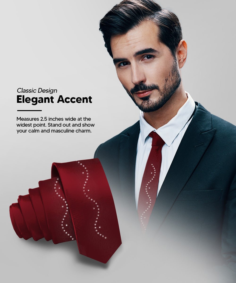Vittorio Farina Men's Satin Skinny Necktie with Rhinestones - N - SKINNY - R_BURGUNDY - Classy Cufflinks