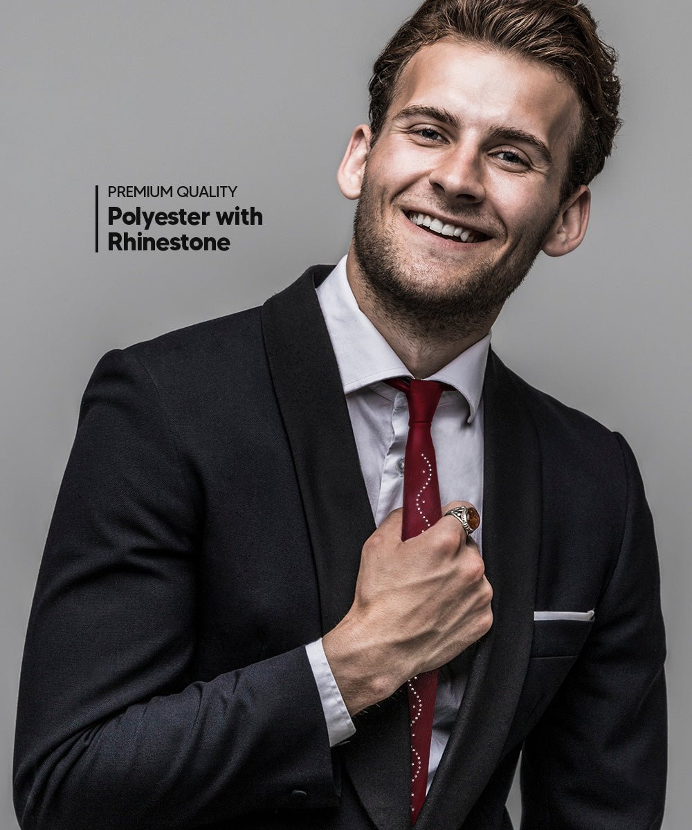 Vittorio Farina Men's Satin Skinny Necktie with Rhinestones - N - SKINNY - R_BURGUNDY - Classy Cufflinks