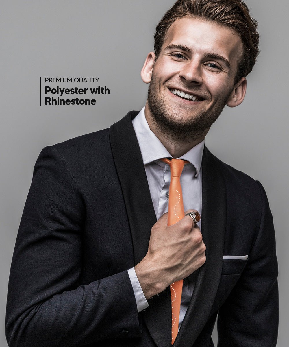 Vittorio Farina Men's Satin Skinny Necktie with Rhinestones - N - SKINNY - R_COPPER - Classy Cufflinks