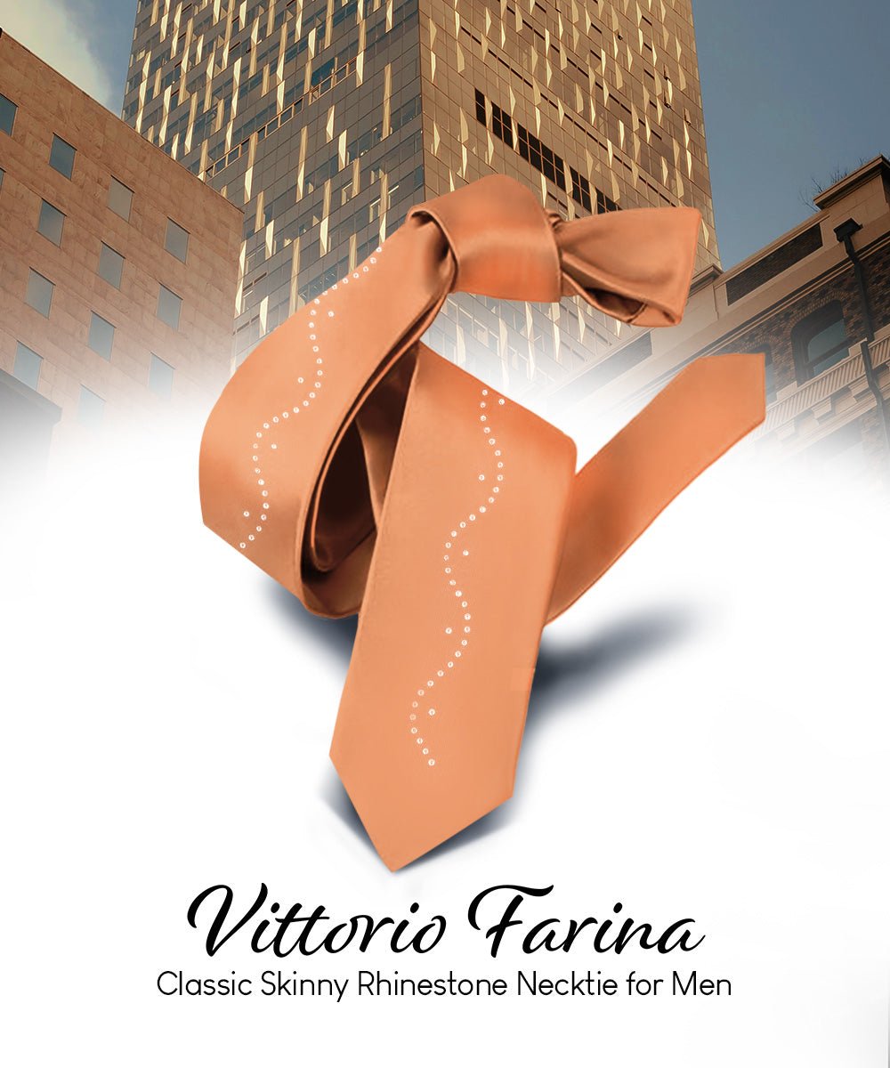 Vittorio Farina Men's Satin Skinny Necktie with Rhinestones - N - SKINNY - R_COPPER - Classy Cufflinks
